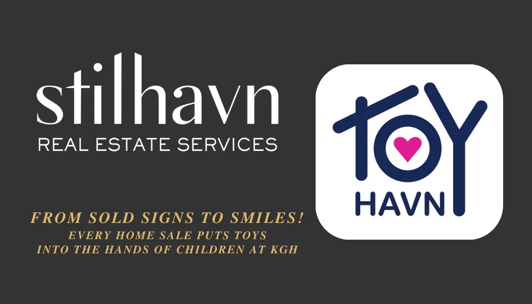 Jay’s business card featuring Stilhavn and Toyhavn: From sold signs to smiles. Every home sale puts toys into the hands of children at KGH.