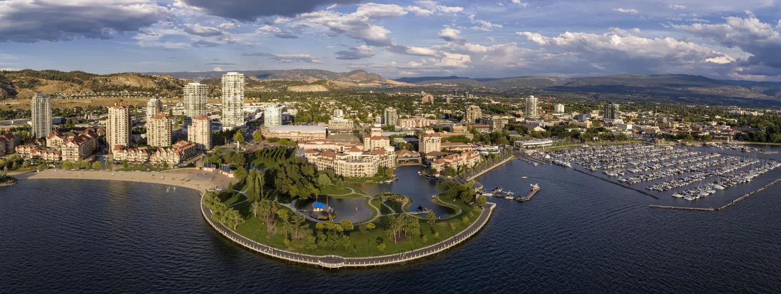 Downtown Kelowna and its marina on Okanagan Lake